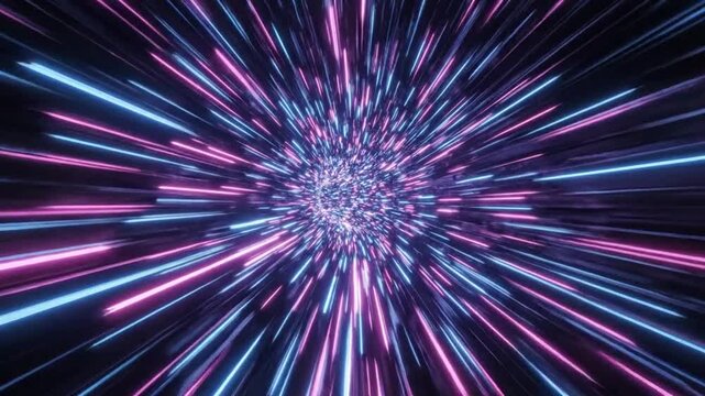 Abstract explosion of pink and blue light streaks radiating from a central point, simulating hyperdrive or warp speed in a cosmic background