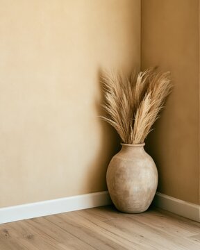 Rustic pottery vase with dried reeds in a softly lit corner