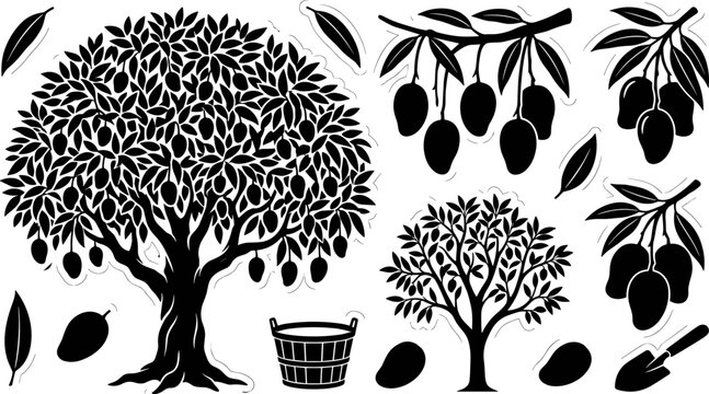 Mango Tree and Tropical Fruit Harvest Silhouette Icon Set Featuring Branches Leaves Trowel and Wooden Basket Elements for Agriculture and Farming Layouts