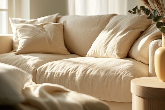 Soft, neutral-toned sofa with plush cushions bathed in natural sunlight