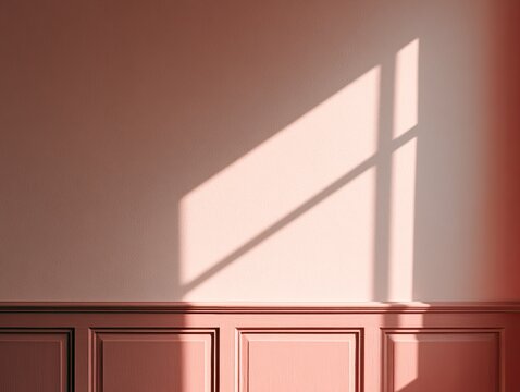 Soft peach walls with geometric light patterns cast by a window