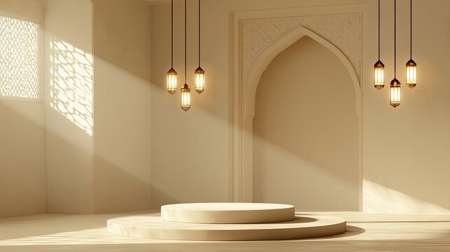Softly lit interior with geometric window patterns, arched doorway, and tiered display