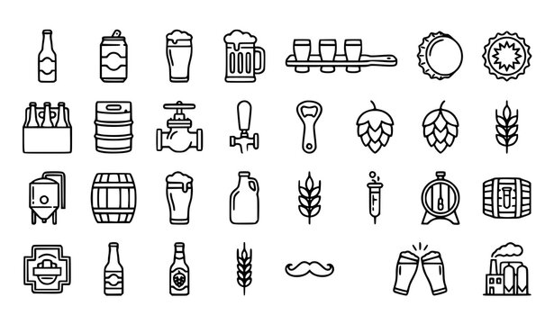 Brewery and Beer Outline Icon Set Editable Stroke Vector Collection