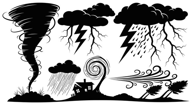 Weather icons of tornadoes lightning and rain storms with house damage