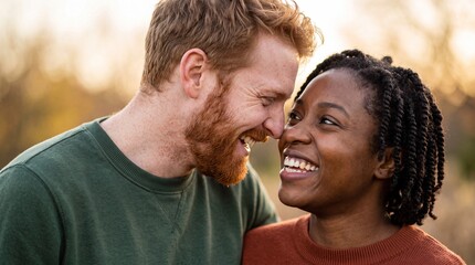 Fototapeta premium Happy Diverse Couple Laughing Together Outdoors at Sunset