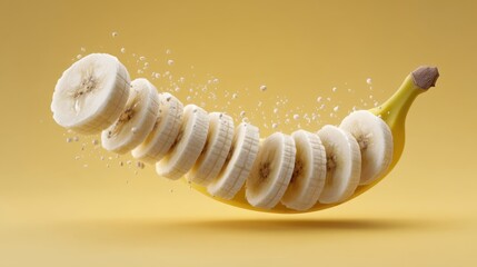 Naklejka premium Sliced Banana Drifting In A Vibrant Yellow Setting Surrounded By Water Splashes