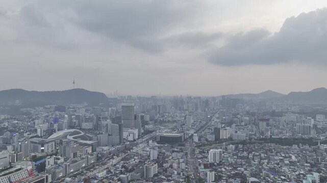 Aerial Drone View of Jongno Cityscape near Dongmyo Station and DDP Dongdaemun Design Plaza in Seoul, South Korea