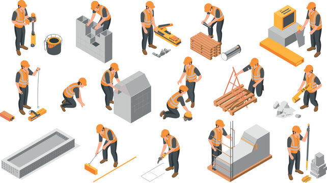 Isometric construction workers vector set with builders characters working with tools and building isolated on white background
