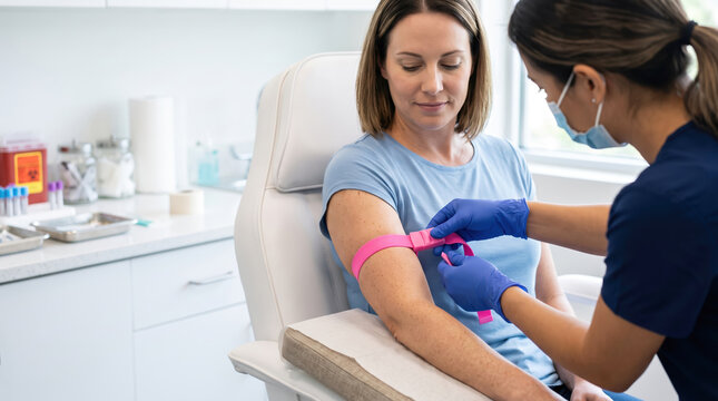 A woman sits in a clinic chair with her arm exposed while a nurse applies a tourniquet to prepare for a blood draw. The room is well-lit and has medical supplies nearby