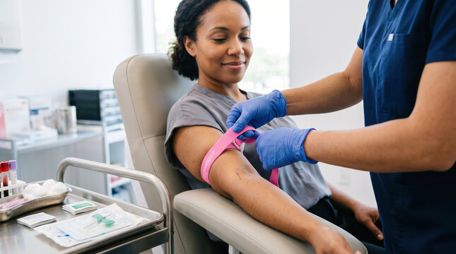 A woman sits in a chair at a clinic. A nurse ties a pink band around her arm in preparation for a blood test. Medical supplies are nearby on a tray