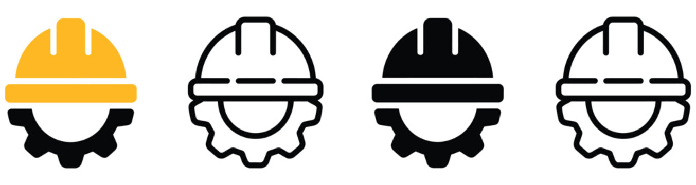 Construction Helmet Gear Icon Set Featuring Safety Hard Hat Engineering Industrial Protection and PPE Symbols Vector Designs