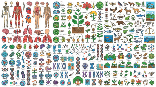 Biology Science Infographic: Anatomy, Cells, DNA, Plants, Animals, Ecosystems