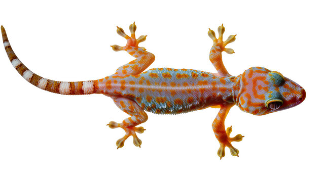 Tokay gecko with orange and blue spots, banded tail