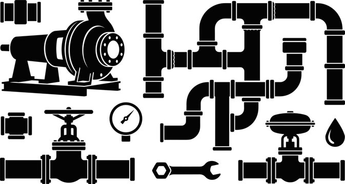 Industrial Water Pump Station and Pipeline Silhouette Icon Set Featuring Centrifugal Pumps Valves Pressure Gauges Pipeline Networks and Spanner Wrenches Vector