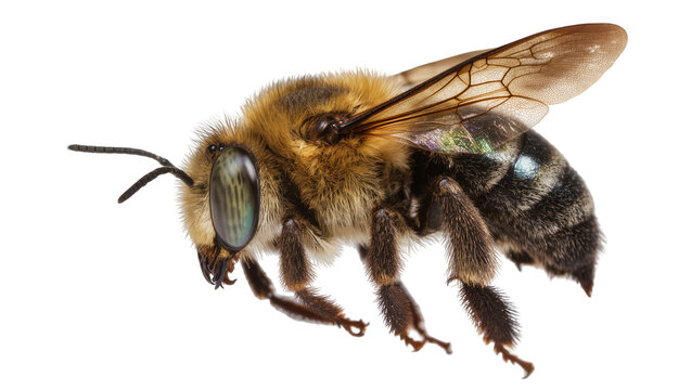Furry bee with iridescent abdomen and wings