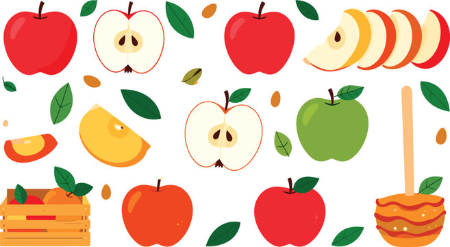 Fresh Red and Green Apple Fruit Vector Illustration Set with Wooden Crate Slices Leaves and Candy Apple for Healthy Food Graphic Designs