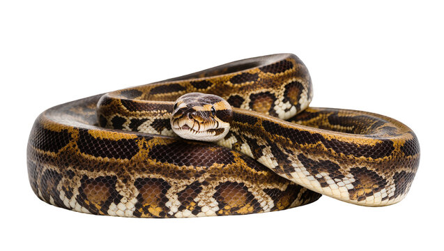 Python snake coiled with intricate patterned scales and head visible