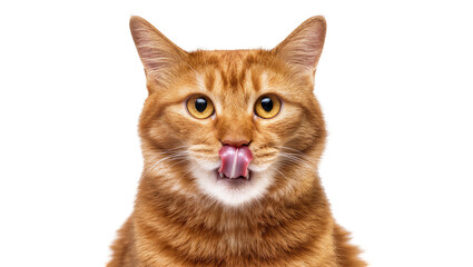 Fototapeta premium Orange tabby cat licking its nose with pink tongue
