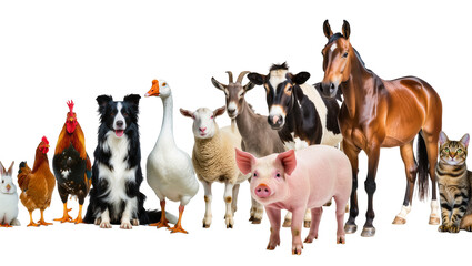 Farm animals and domestic pets collection including rabbit chickens dog goose sheep goat cow pig horse, and cat © Natalia