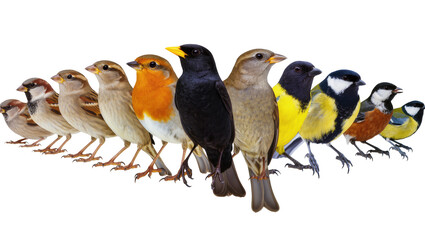 Group of small birds including sparrows robin blackbird, and titmouse © Natalia