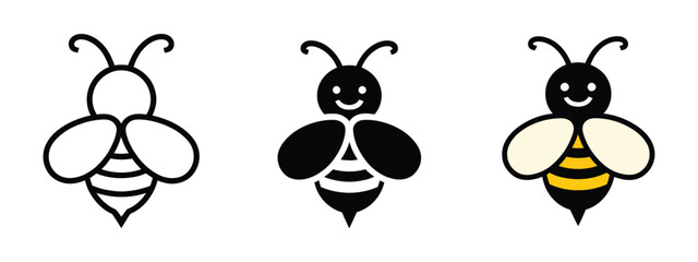 Bee Icon with bumblebee, honey bee, honeycomb hive, insect pictogram, clean glyph and outline vector design for web and print. ©  