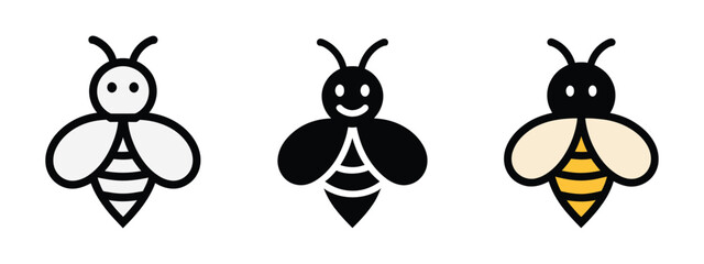 Bee Icon with bumblebee, honey bee, honeycomb hive, insect pictogram, clean glyph and outline vector design for web and print. ©  
