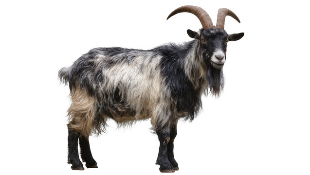 Shaggy black and white goat with curved horns