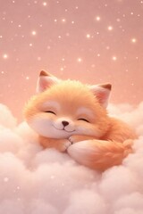 Fototapeta premium Adorable fox on fluffy clouds.