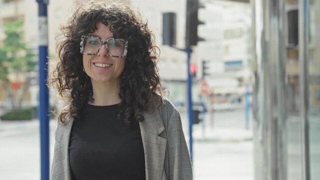 Woman wearing oversized patterned glasses smiling while standing by a pole on a street; confidence approachable friendly.