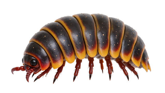 Giant millipede with segmented body dark exoskeleton, and yellow-orange bands