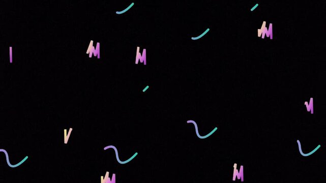 Retro Memphis Style Background Animation with Neon Floating Squiggly Lines and Shapes on Black