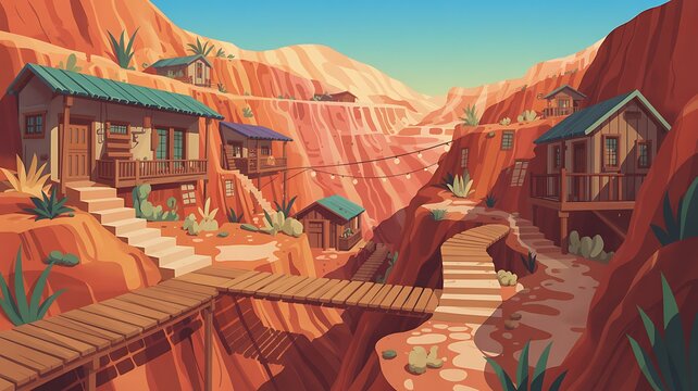 Colorful Traditional Village Scene in Desert Canyon with Adobe Houses and Warm Sunset Lighting