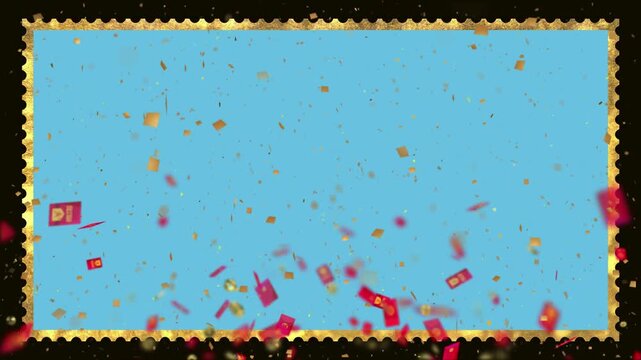 Red envelopes fall downward across a blue rectangular frame decorated with a serrated gold border.