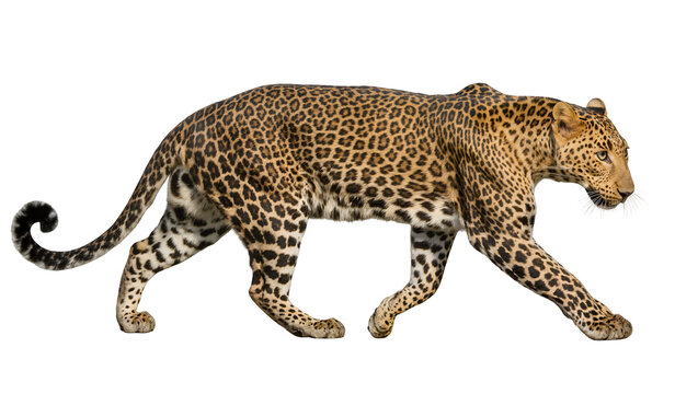 Leopard walking with spotted fur and long tail