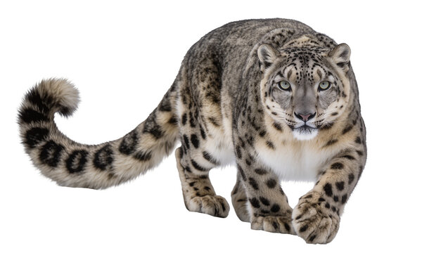 Snow leopard walking forward with spotted fur and bushy tail