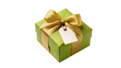 Fototapeta premium Green gift box with gold ribbon and blank tag