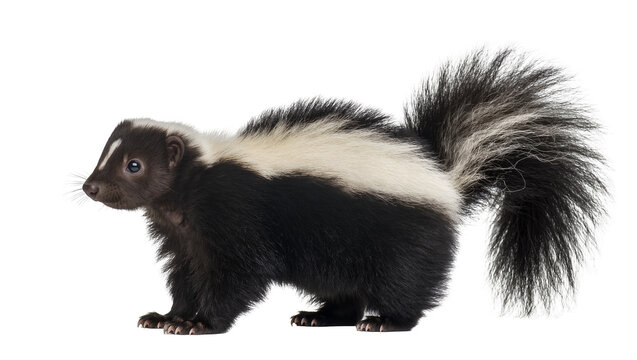 Striped skunk with bushy tail and white stripe on back