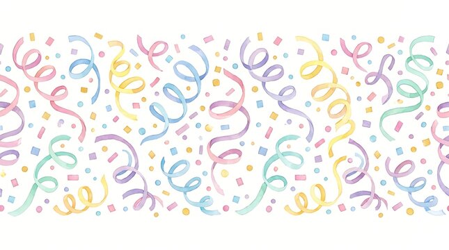 Watercolor party streamers and confetti seamless pattern isolated on white background
