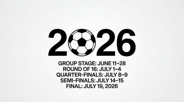 2026 soccer tournament schedule graphic featuring a football icon and key dates for group stage, round of 16, quarterfinals, semifinals, and final match