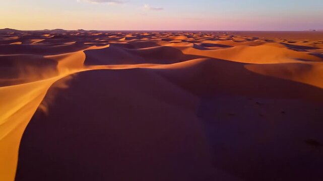 Endless rolling desert sand dunes illuminated by the warm glow of a setting sun creating deep purple shadows and an orange sky