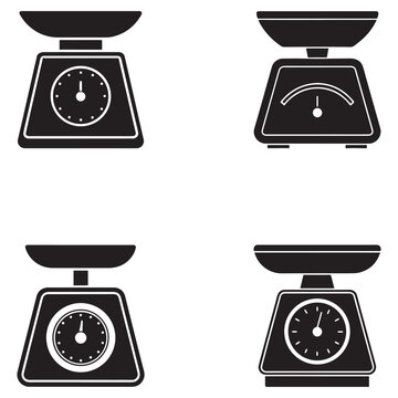 kitchen scales with dials and plates on white background for measuring food weight accurately  various angles