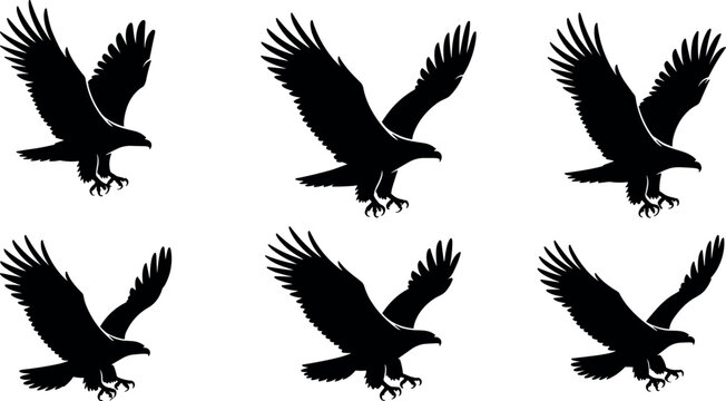 Majestic flying eagle silhouette vector set with outspread wings and sharp talons for wildlife design icons and hunting logos