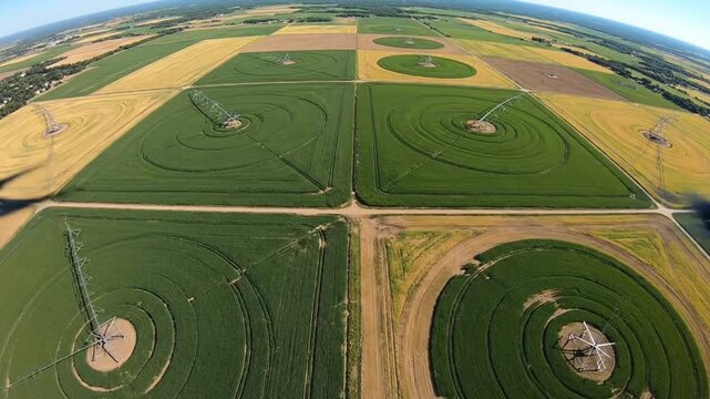 Grid of square agricultural fields with circular irrigation systems in varying stages of growth and color under a bright sky