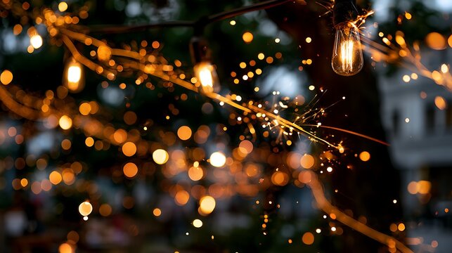 Close up of a sparkling wire burning with bright golden sparks mixed with glowing hanging light bulbs on a festive blurred bokeh background
