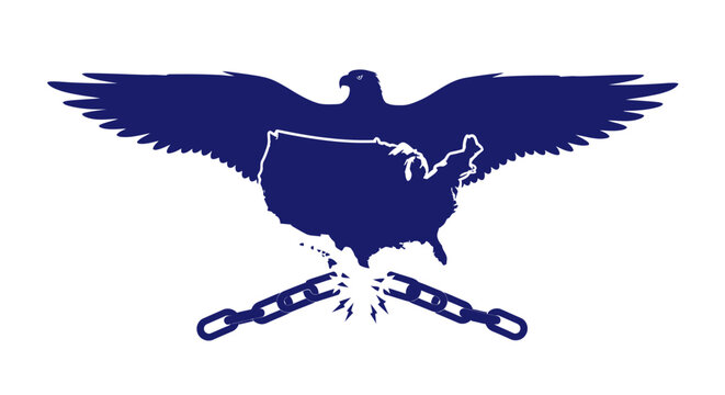 Eagle breaking free from chains over usa map