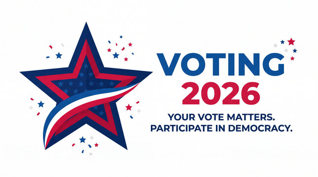 Voting 2026 election graphic with patriotic star, red white and blue colors, confetti, and the motivational text your vote matters participate in democracy.