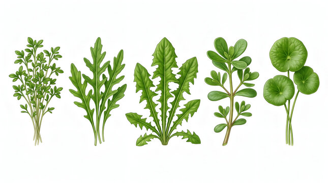 Cress Rocket Dandelion Greens Purslane Miner Lettuce Collection Isolated On White Background