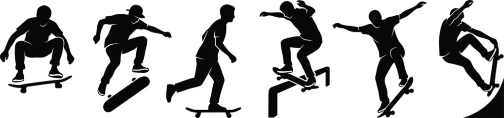Black silhouettes of skateboarders performing tricks © Md. Musaddik Rahman