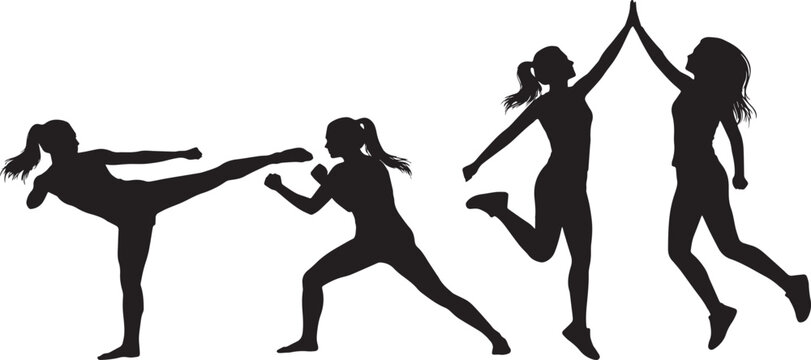 Silhouette women martial arts training, kickboxing, self defense, high five jump and fitness exercise poses, active sport teamwork vector illustration design