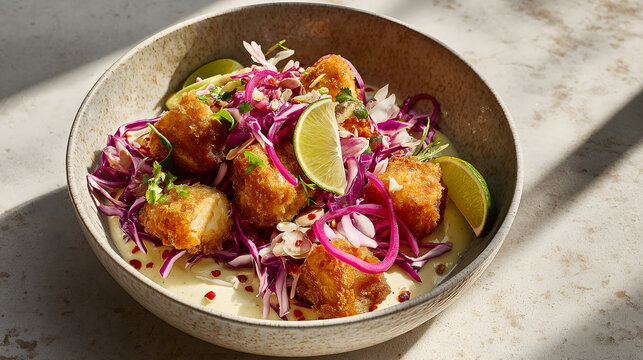 Crispy Fried Bites with Red Cabbage Slaw and Fresh Lime in Rustic Bowl